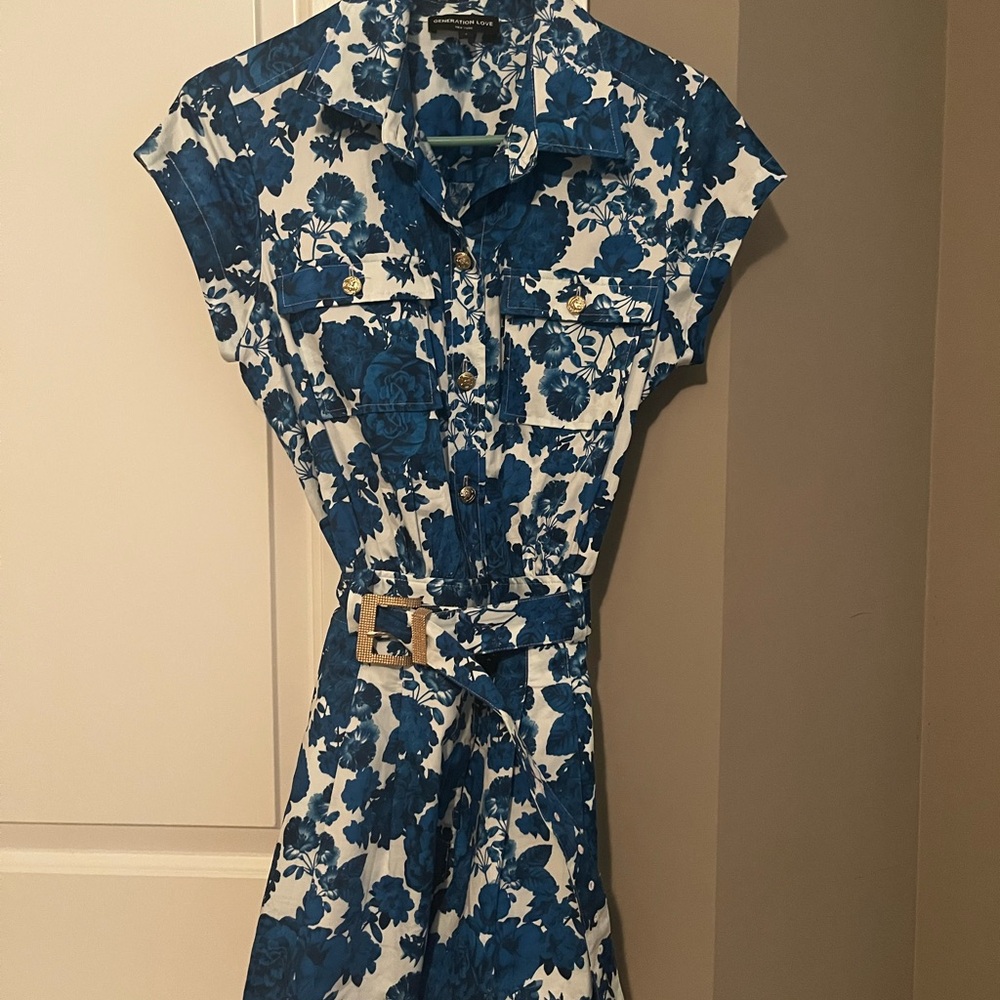 Generation Love Blue and White Romper with Belt